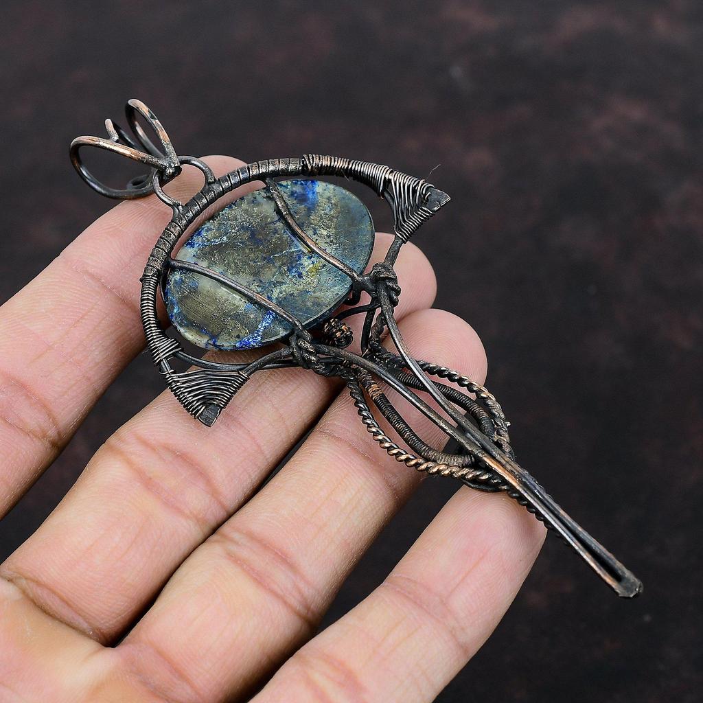 Подвеска из азурита и малахита, подвеска из медной проволоки, стильная подвеска, драгоценный камень, медная подвеска, ювелирное изделие ручной работы, свадебный подарок