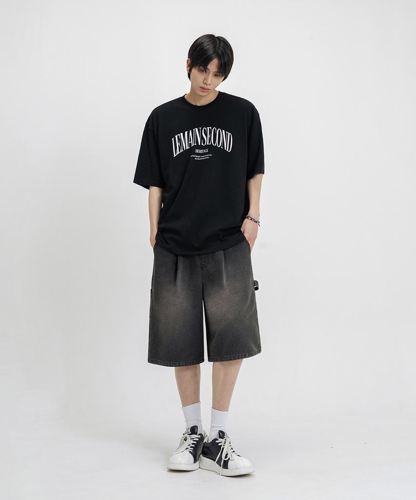 LEMAIN SECOND Bermuda Wide One-Pleat Carpenter Denim Elastic Shorts [Black Denim]