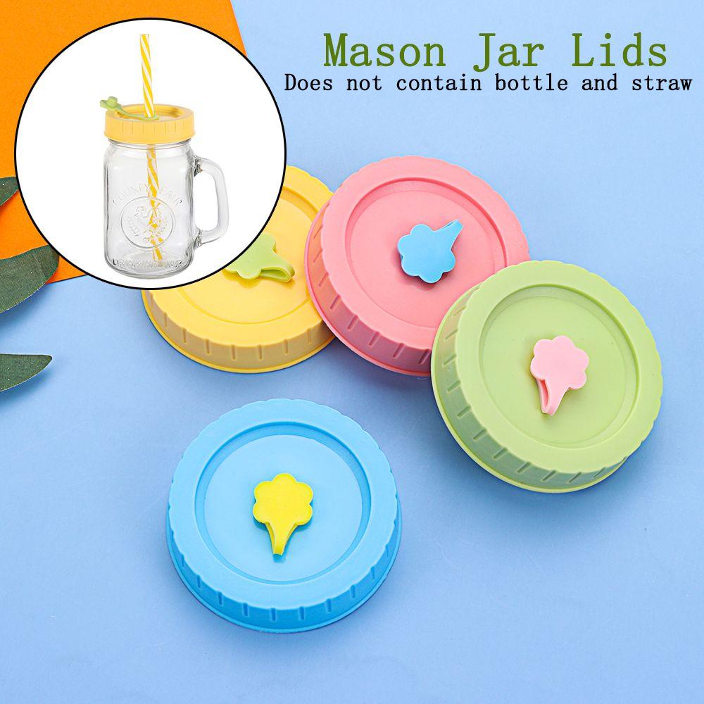1/4Pcs Plastic Cute Leak-Proof Canning Lids Mason Jar Lids Jar Caps With Straw Hole