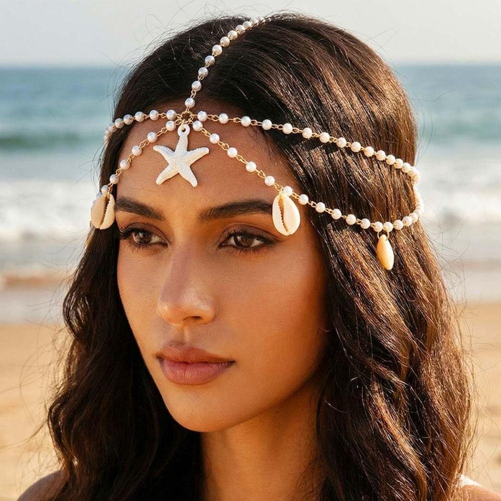 Ocean Style Bohemian Hair Chain Starfish Beaded Head Piece Boho Head Chain Summer Vacation