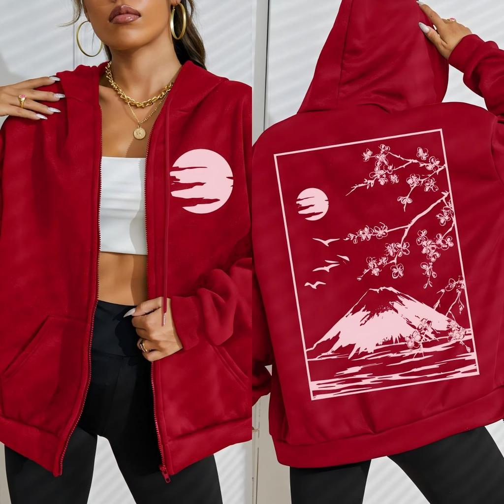 Токио Сакура Гора Фудзи Шаблон Визитки Женское Худи на Молнии Хип-Хоп Свободное Худи Мягкая Повседневная Одежда Флисовые Толстовки