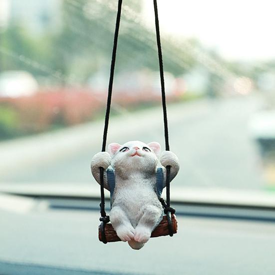 Resin Cat Pendant Swinging Kitten Hanging Figurine Car Rearview Mirror Decoration with Adjustable Lanyard Gift for Cat Lovers