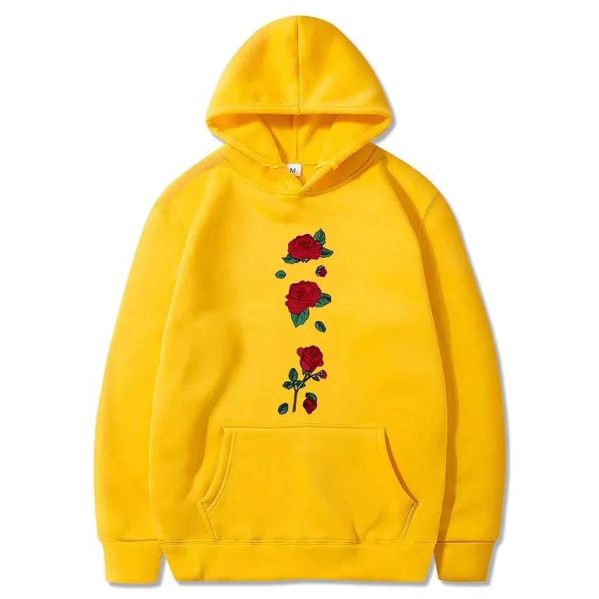Trend Leisure5 Rose Flower Print Men's Pullover Autumn and Winter Fashion Loose Streetwear Outdoor Sports