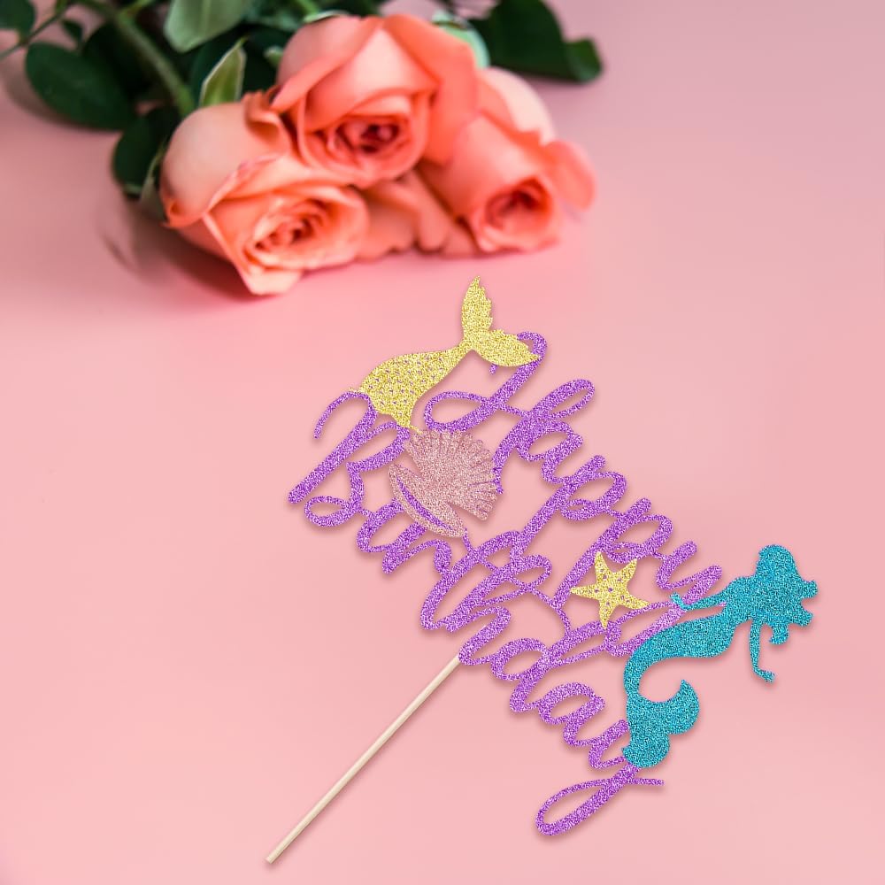 Mermaid Happy Birthday Cake Topper - Glitter Mermaid Under The Sea Theme Cake Topper, Baby Shower Gender Reveal Party, Boys and Girls Birthday Party