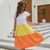 Bright Yellow Bohemian Beach Dress with Three-Color Stitching, Round Neck, and Flutter Sleeves for Summer 2025