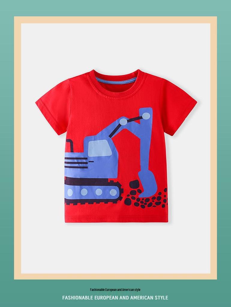 Spring/Summer Cartoon Excavator Short-Sleeve Children's T-shirt, Round Neck, Sizes Small/Medium