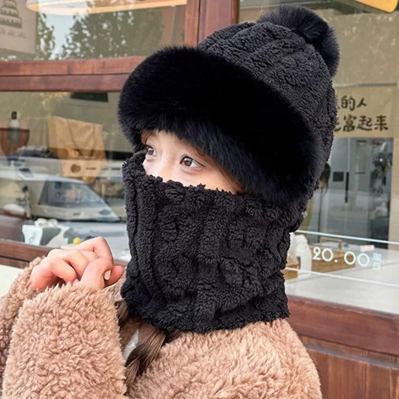 Hat for Women In Winter Riding Mask Full Face Pullover Hat Windproof Scarf Plus Velvet Ear Protection Bag Head Cover Warm All In One Hat