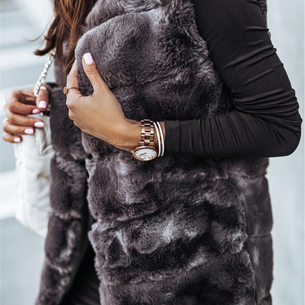 Женская мода Длинный сплошной цвет Теплый меховой жилет с круглым вырезом Куртка