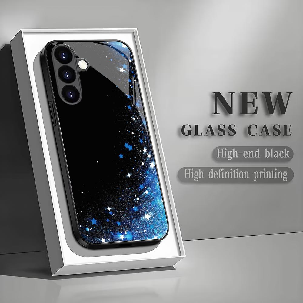 Blue star tempered glass phone case suitable for Samsung Galaxy S26 S25 S24 S23 S22 S20 FE/Ultra/Plus anti drop back cover