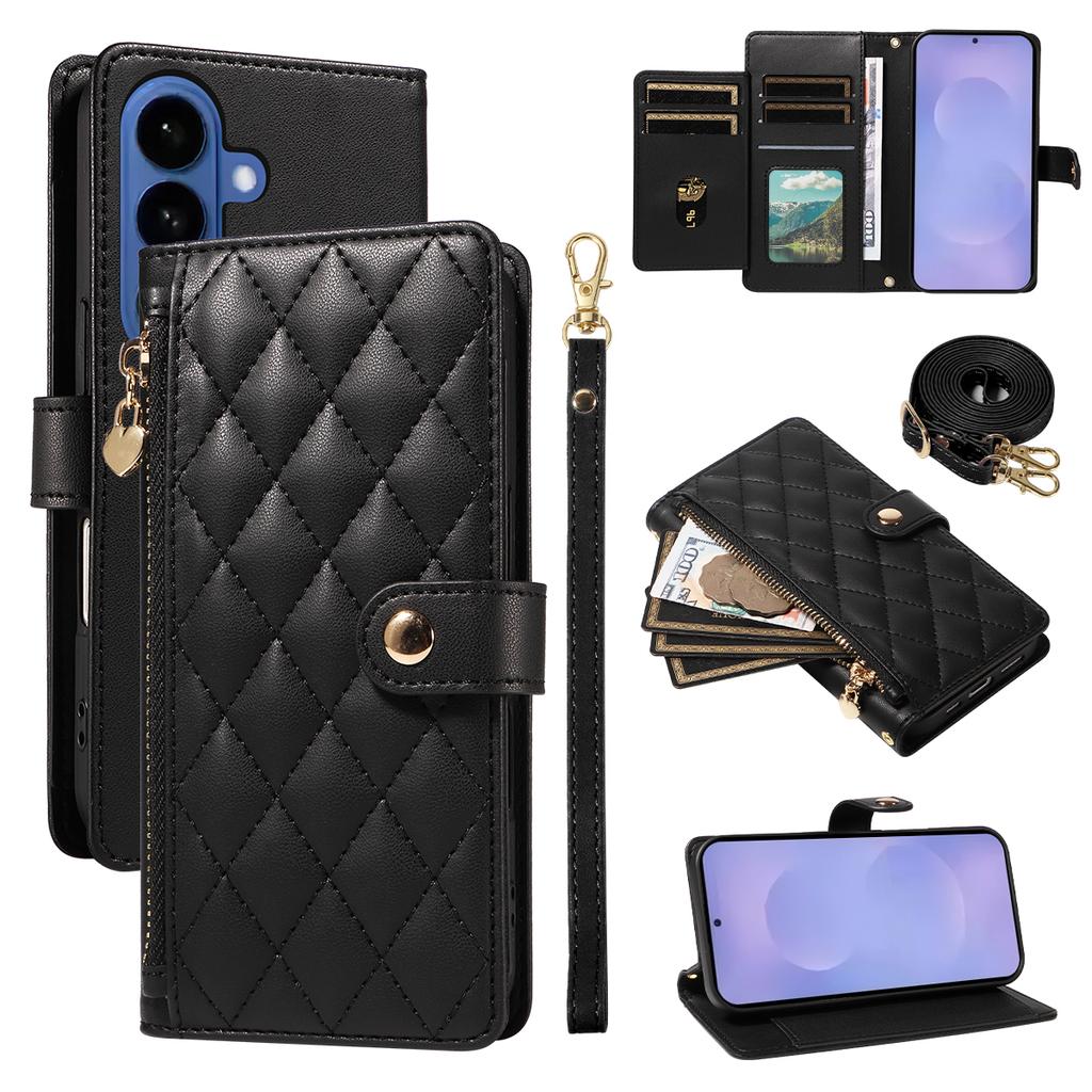For Samsung Galaxy S26/S26 Pro Wallet Case with Straps, Rhombus Leather Stand Phone Cover