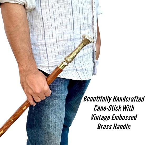 Engraved Brass Handle Walking Stick with Comfortable  Wooden 3-Piece Walking Cane for Hiking, Costumes, and Durability