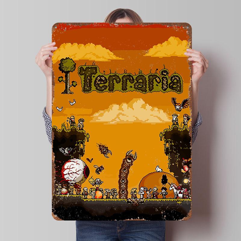 Terraria Pixel Art Game Printed Poster Customized Wall Art Retro Vintage Metal Tin Signs for Gaming Room Decoration At Home Cozy