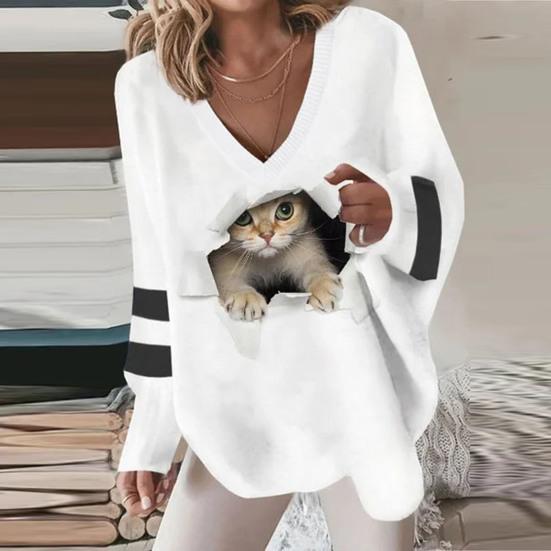 Осенний топ с V-образным вырезом, свободный пуловер в полоску с кошачьим сердцем и длинными рукавами, нерегулярный