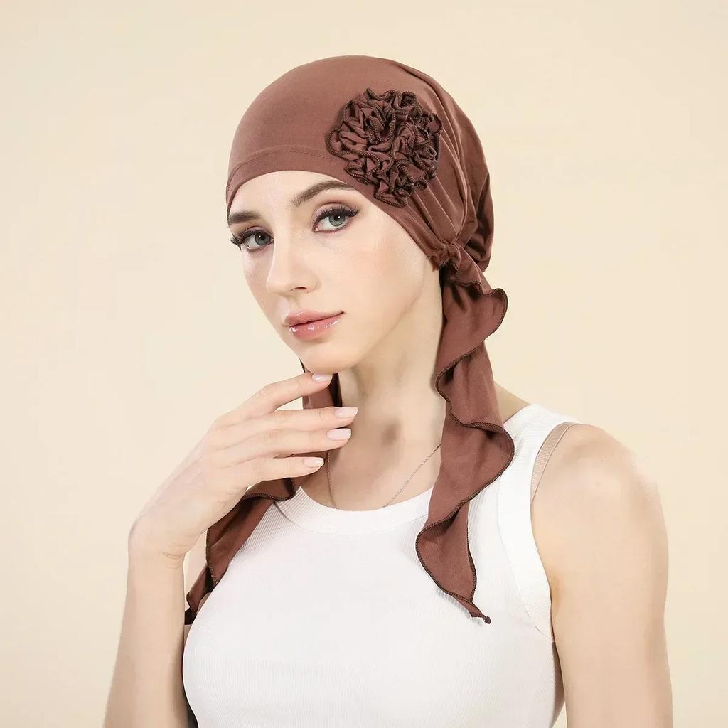 New Shimmer Pre-Tied Hat Women Muslim Hijab Turban Long Tail Headscarf Beanies Bonnet Hair Loss Chemo Cap Head Wrap Bandanas