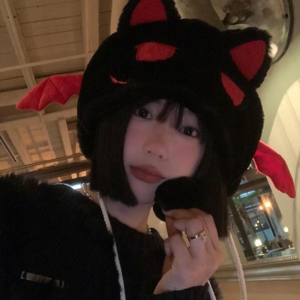 Little Devil Cat Ears Plush Hat Female Autumn And Winter Halloween Y2K Cartoon Funny Warm Ear Protector Lei Feng Hat