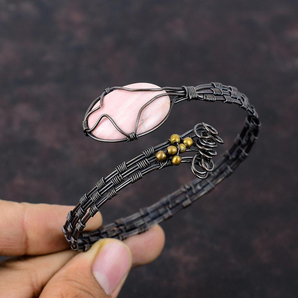 Браслет из розового опала, браслет-манжета из медной проволоки, регулируемый браслет, ювелирные изделия из медной проволоки, манжеты ручной работы, браслет из натурального драгоценного камня, подарок для мамы