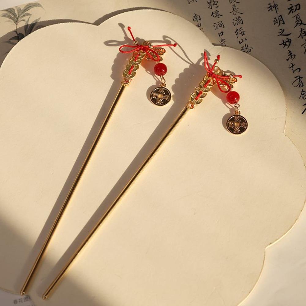 Antique New Year Hairpin Copper Coin Hanfu Hair Fork Vintage Ancient Hair Stick Jewelry