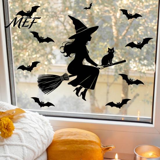 Flexible Cuttable Glass Film Halloween Witch Black Cat Static Window Stickers, Waterproof PVC Silhouette Decals, Weatherproof Removable Wall Art Decor