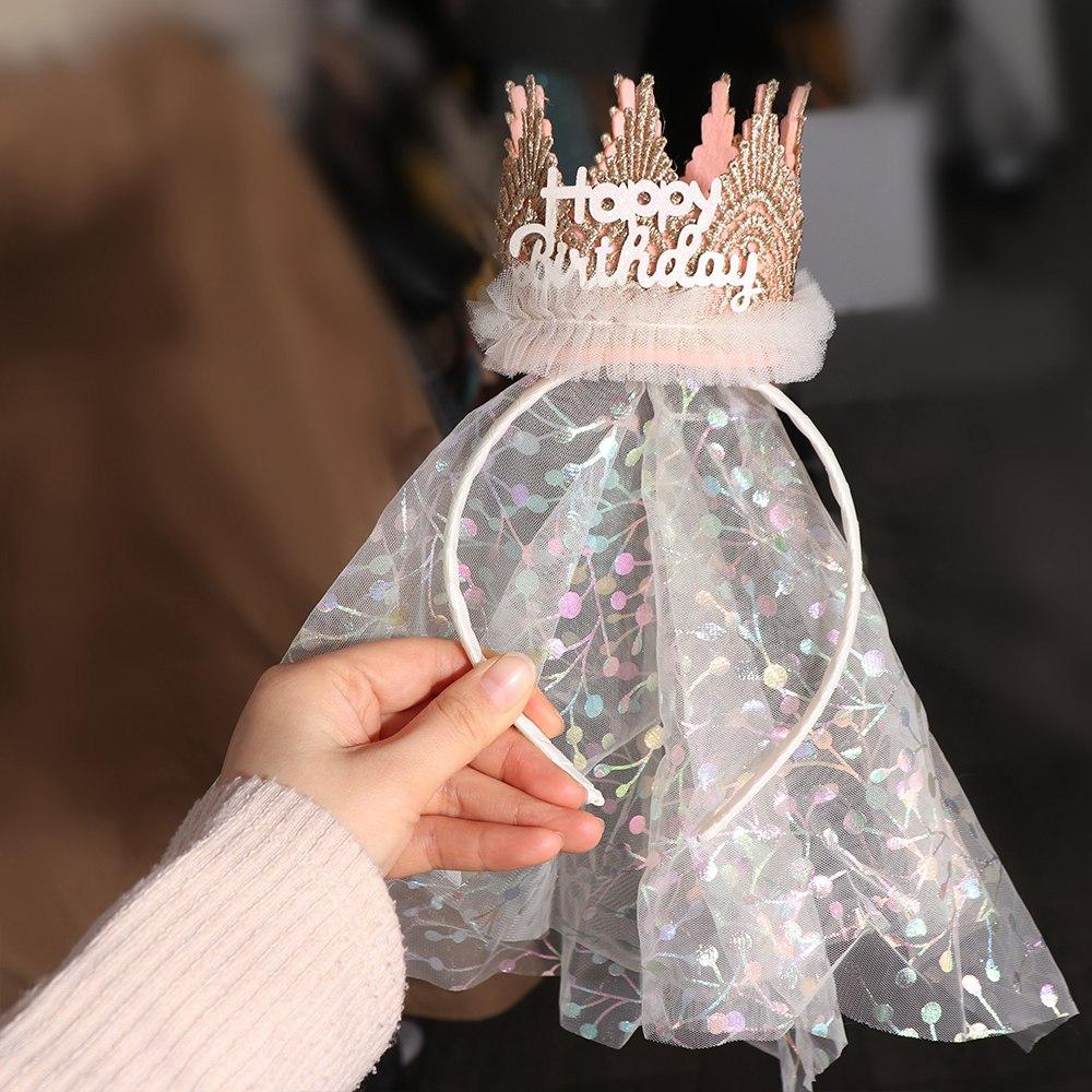 Headwear Crown Gauze Headband Hair Accessories Crown Hairband Cute Happy Birthday Hairband Party