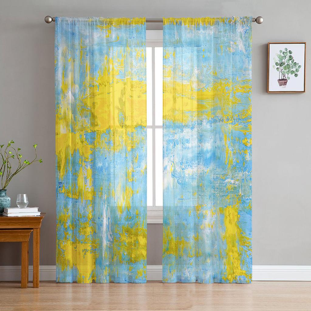 Yellow Gray Abstract Art Texture Tulle in Sheer Curtains for Living Room Bedroom Kitchen Window Treatment Chiffon Curtain Blinds