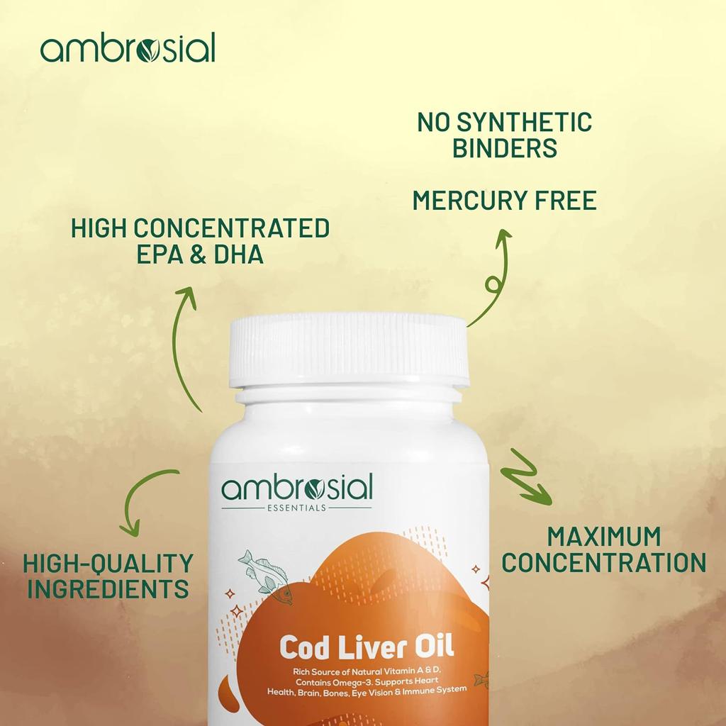 AMBROSIAL чистый рыбий жир 300 мг, высококонцентрированный рыбий жир, богатый омега-3 EPA DHA жирными кислотами, витаминами A и D (Упаковка из 2-120 мягких капсул)