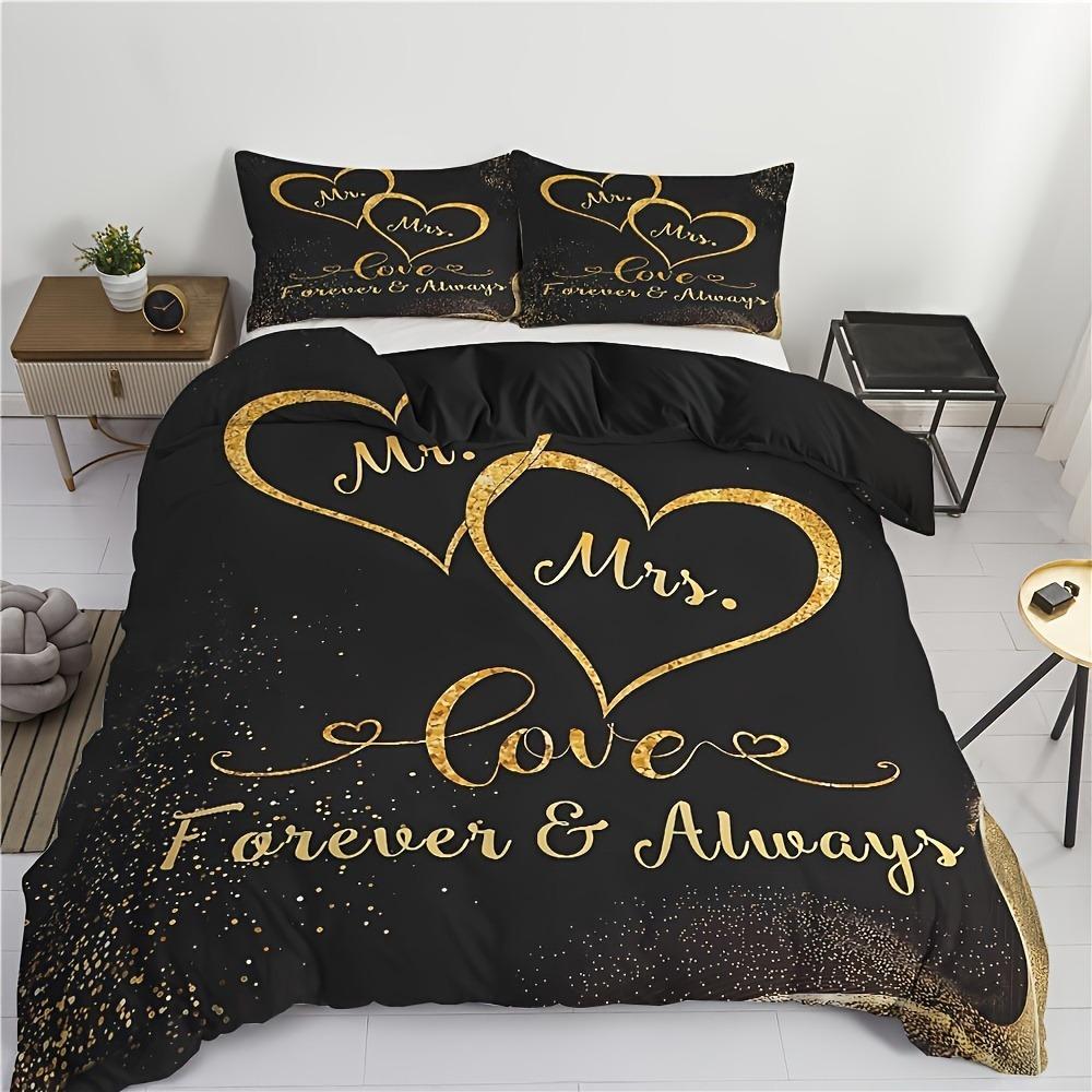 3 предмета Черный Золотой Постельный Комплект Love Forever с Принтом Уютный Пододеяльник Размер Кинг Квин Твин Подарок на День Рождения для Взрослой Спальни Декор