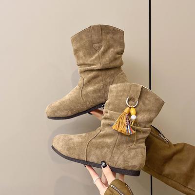 Версия из коровьей кожи~ ретро внутренняя высота увеличивает маленькие короткие ботинки женские ковбойские ботинки осень и зима рукав круглый носок наборные ботинки тонкие короткие б