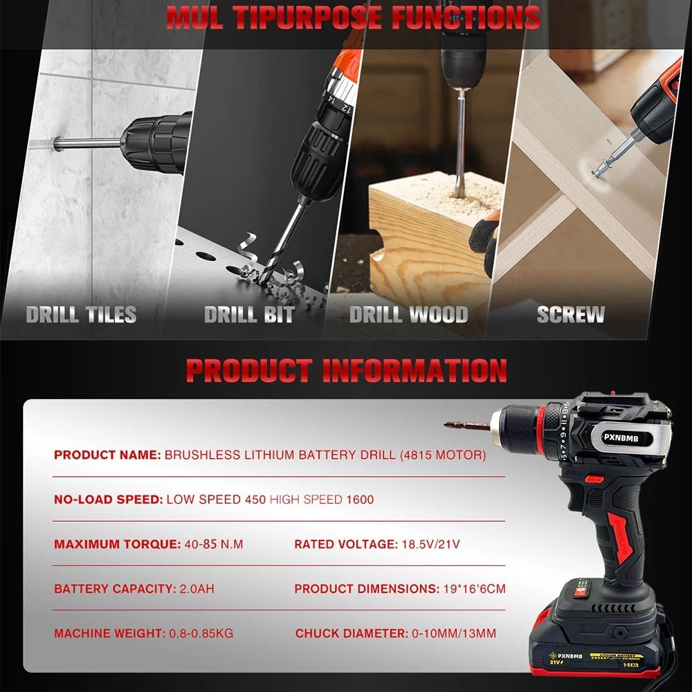 PXNBMB Lithium Battery 21V Rechargeable Brushless Compact Electric Screwdriver Hand Drill Impact Drill For Makita Battery Pin