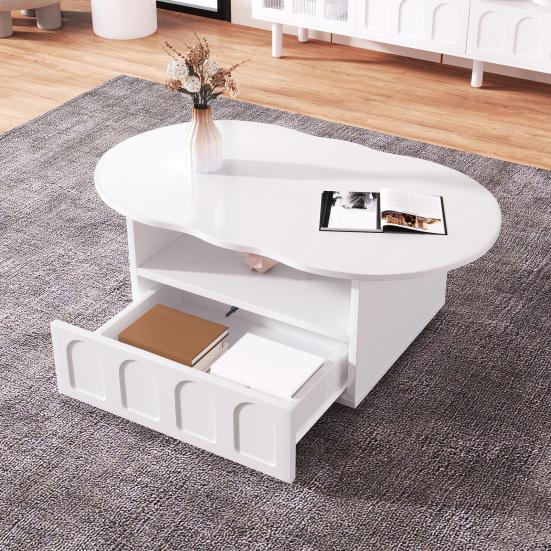 Home Living Room Coffee Table with Drawer Storage Compartments 2-Tiers Rounded Corner Smooth Wood Tea Surface Easy Assembly Cloud Shaped Furniture
