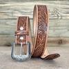 1.5" Wide Western Leather Belt Cowboy Rodeo Casual Leather Belt Floral Embossed, Size 28" To 40"
