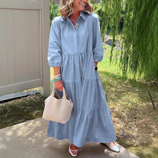 Women's 3/4 Sleeve Maxi Dress Button Up Lapel Swing Dress with Pockets A-line Ruffles Tiered Beach Sundress