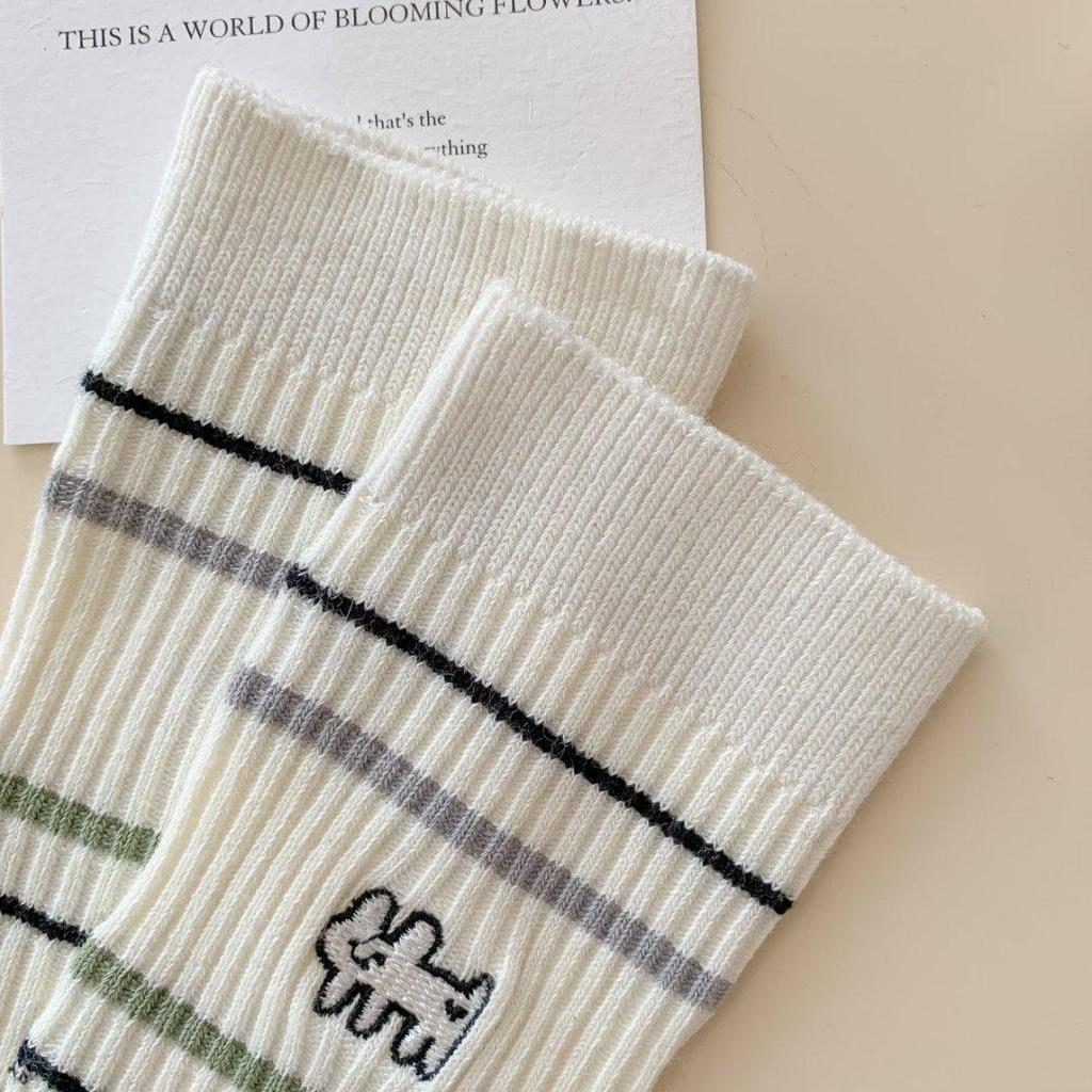 Мультяшная вышивка щенка, милые носки, женские осенне-зимние носки средней длины, корейские полосатые хлопковые вязаные эластичные длинные носки