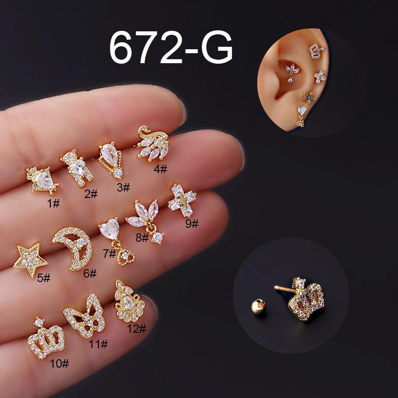 Titanium Steel Zircon Cartilage Stud Earrings: Butterfly, Crown, Star, Moon Designs