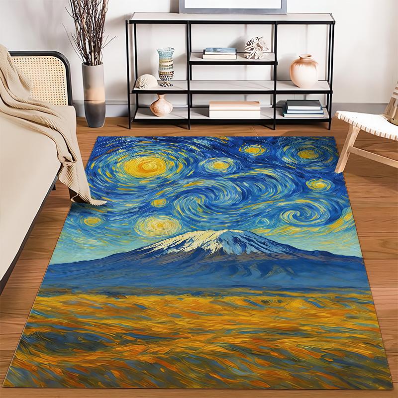 Starry Night Inspired Mountain Landscape Printed Carpet Rug Suitable for use as an anti-slip for living room bedroom sofas