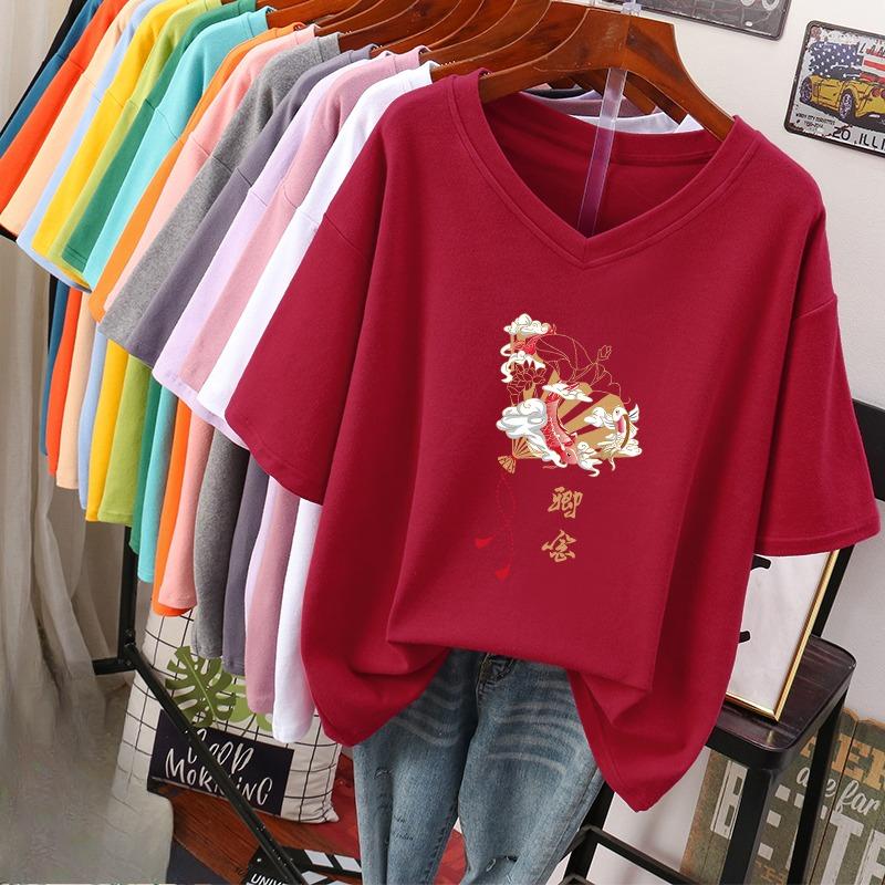 Футболка с коротким рукавом, Свободного кроя, Приталенный топ с V-образным вырезом с принтом для женщин