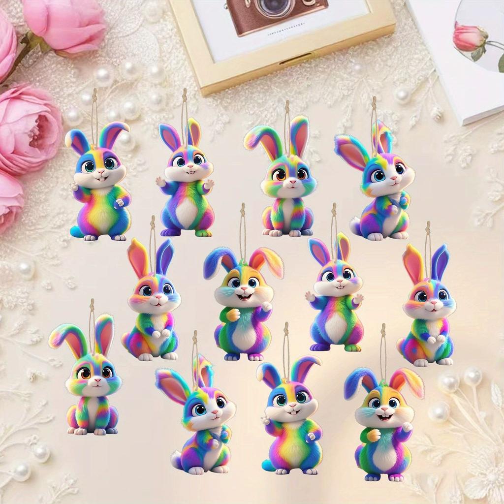 Cross-border New Easter Wooden Flat Color Cute Rabbit Pendant Home Pastoral Hanging Decoration Crafts