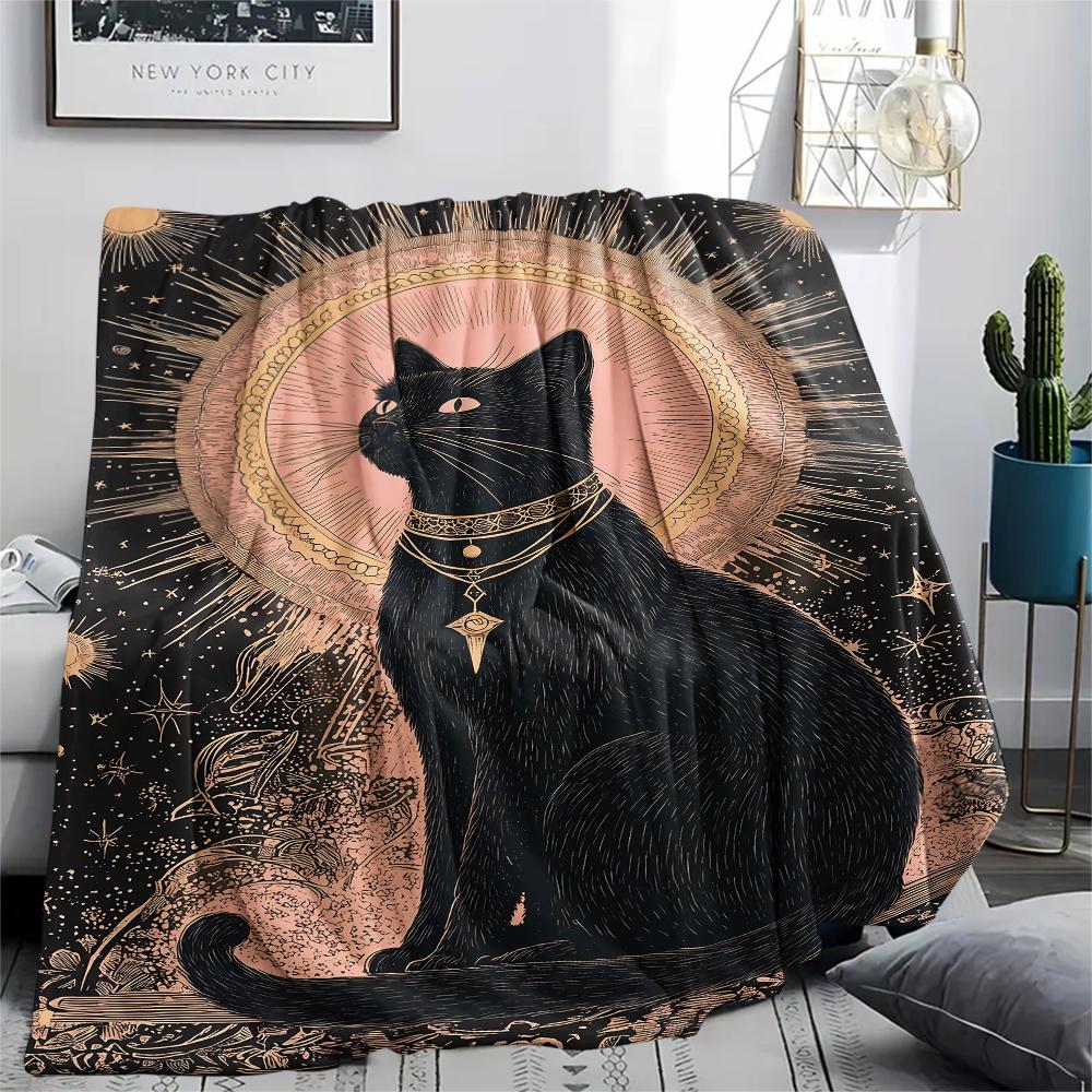 Retro Mysterious Kitten Print Flannel Blanket,High quality Comfortable for All Seasons,Home Decor,Warmth and Comfort,Perfect for Christmas Gifts