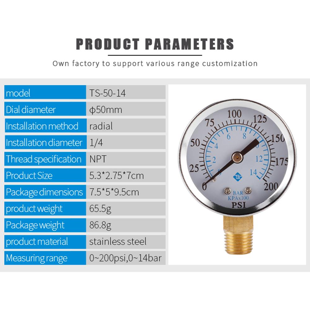 TS-50-14 1/4'' NPT Bottom Mount Pressure Gauge Dual Scale Water Pressure Gauge 0-200 PSI Test Range Oil Pressure Gauge
