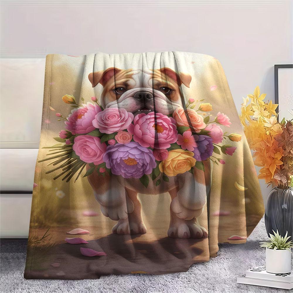 1Pc DogsandFlowers Print Flannel Blanket, High quality Comfortable for All Seasons, Home Decor, Warmth and Comfort, Perfect for Christmas Gifts