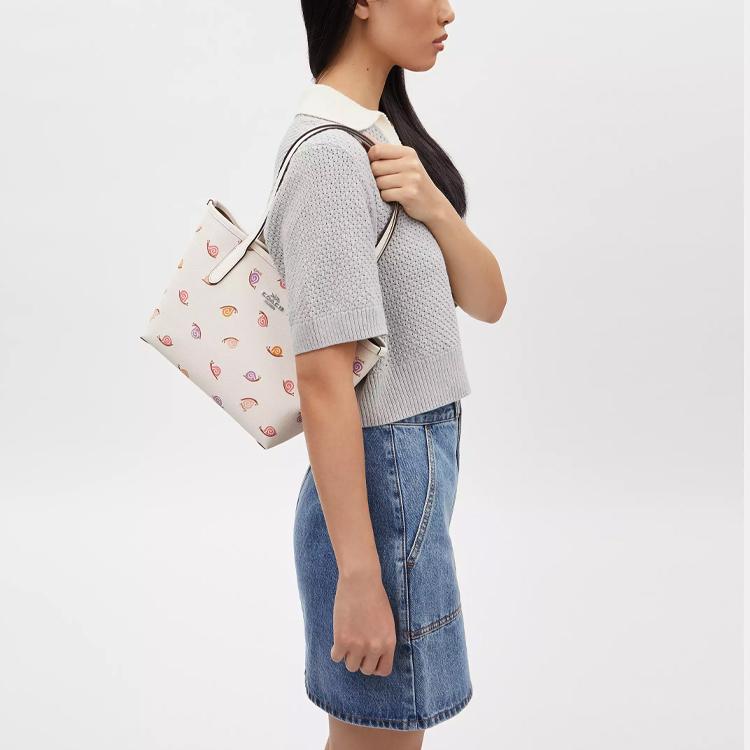 Coach City 23 Snail Print Coated Canvas And Smooth Leather Tote Bag Women Tote Bags Silver Chalk Multicolor CV269-SVCAH