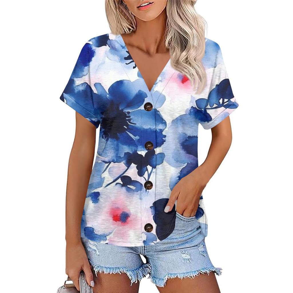Женская мода с короткими рукавами и V-образным вырезом, повседневная футболка с пуговицами