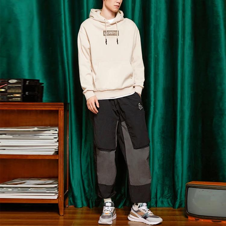 Li Ning Sports Lifestyle Series Embroidered Logo Loose Fleece Warm Hooded Long Sleeve Sweatshirt Unisex Sweatshirt Beige AWDRB74-5