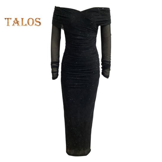 Женское вечернее платье с открытыми плечами, длинными рукавами, сетчатое, пэчворк, плиссированное, с крестом, бандо, облегающее, для выпускного, свадьбы, вечеринки, коктейльного макси-платья