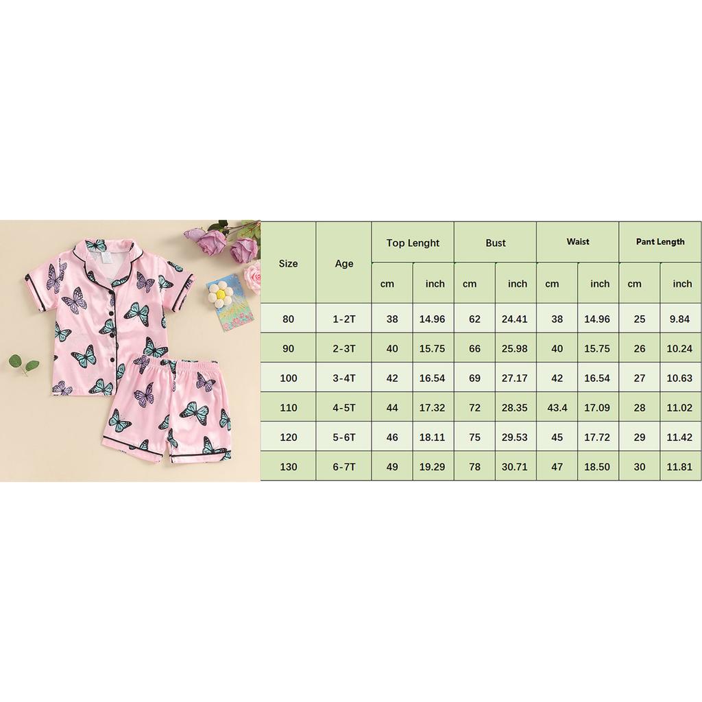 Girls Summer 2PCS Pajama Sets Short Sleeve Lapel Shirt Butterfly Print Pants Sleepwear