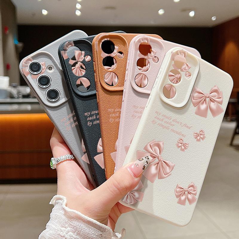 Pink Bowknot Print Leather Texture TPU Soft Case For Samsung S25 Ultra S24 FE S23 A56 A16 A55 A36 A26 A15 Lens Protection Matte Shockproof Phone Cover