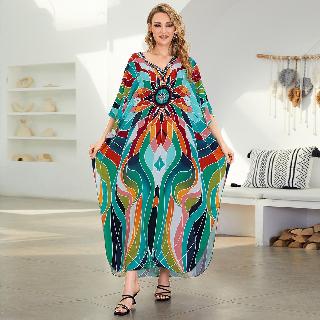 Printed Beach Dresses Viscose Kaftans for Women Summer Plus Size Loose Robe Holiday Living Room Bathing Suits