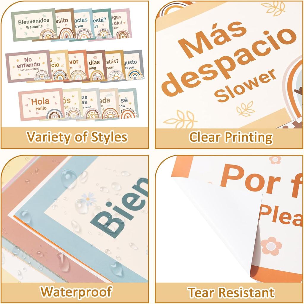 WATINC Плакат с испанскими словами и фразами - Набор из 16 испанских плакатов, Декор для класса, Двуязычные учебные материалы, Принадлежности для учителя, Испанский