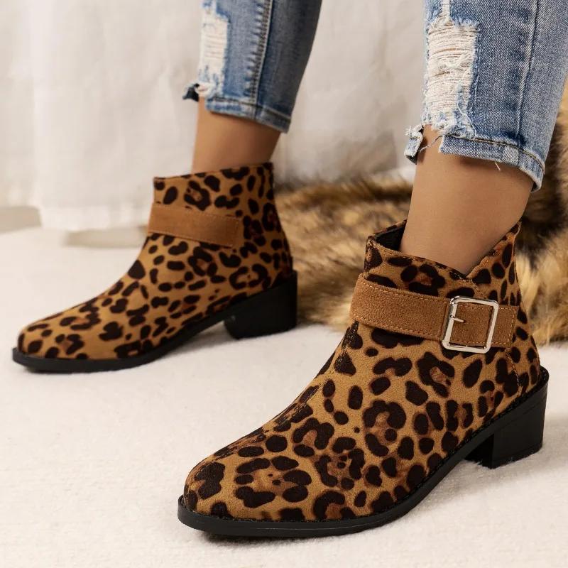 Women's Shoes Belt Buckle Women's Boots Fashionable Back Zipper Modern Boots Women's Sexy Pointed Toe Square Heel Ankle Boots