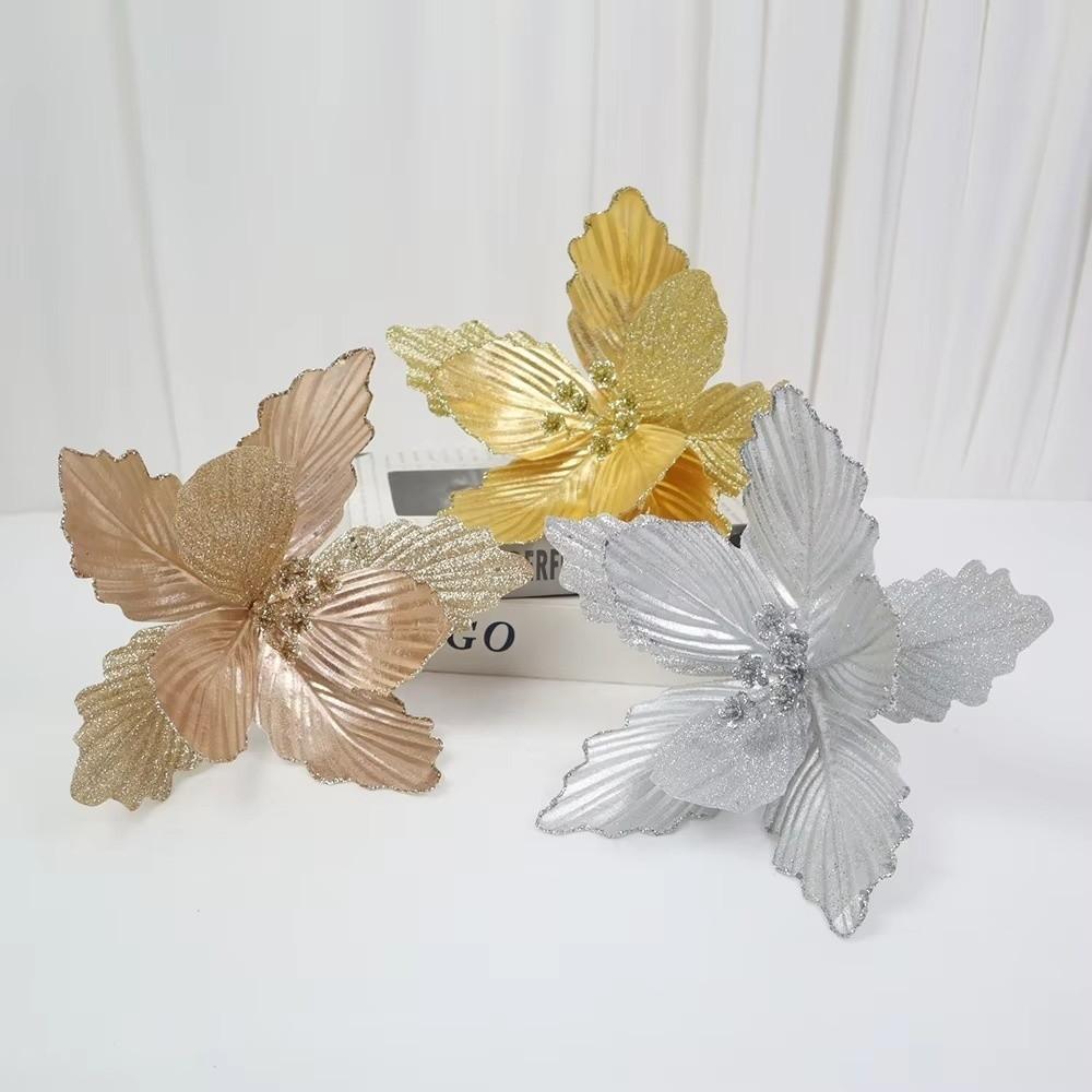 Simulated Christmas Tree Flowers Glossy Fabric Rose Gold Flower Picks Decoration Bright Color Artificial Flowers Wreath