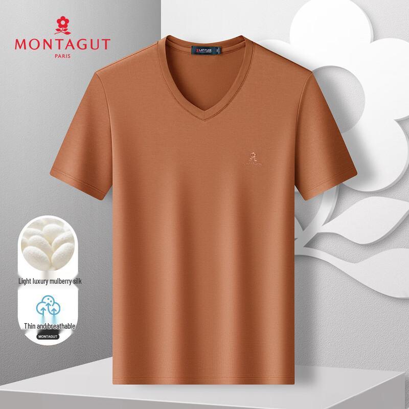 MONTAGUT Men's V-Neck Mulberry Silk Blend Short Sleeve T-Shirt